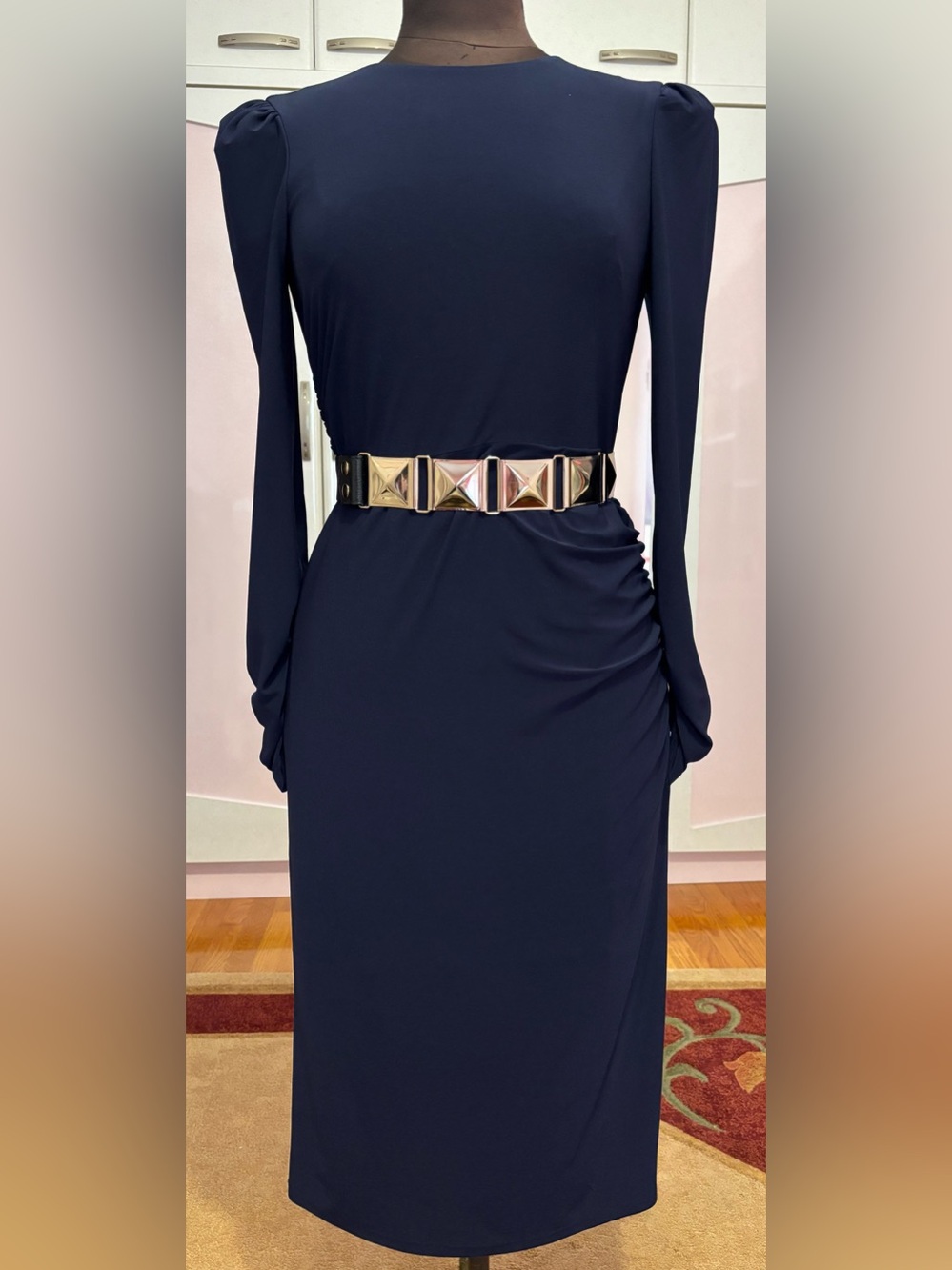 Eliza J Navy Long-Sleeve Dress with Gold Pyramid Belt